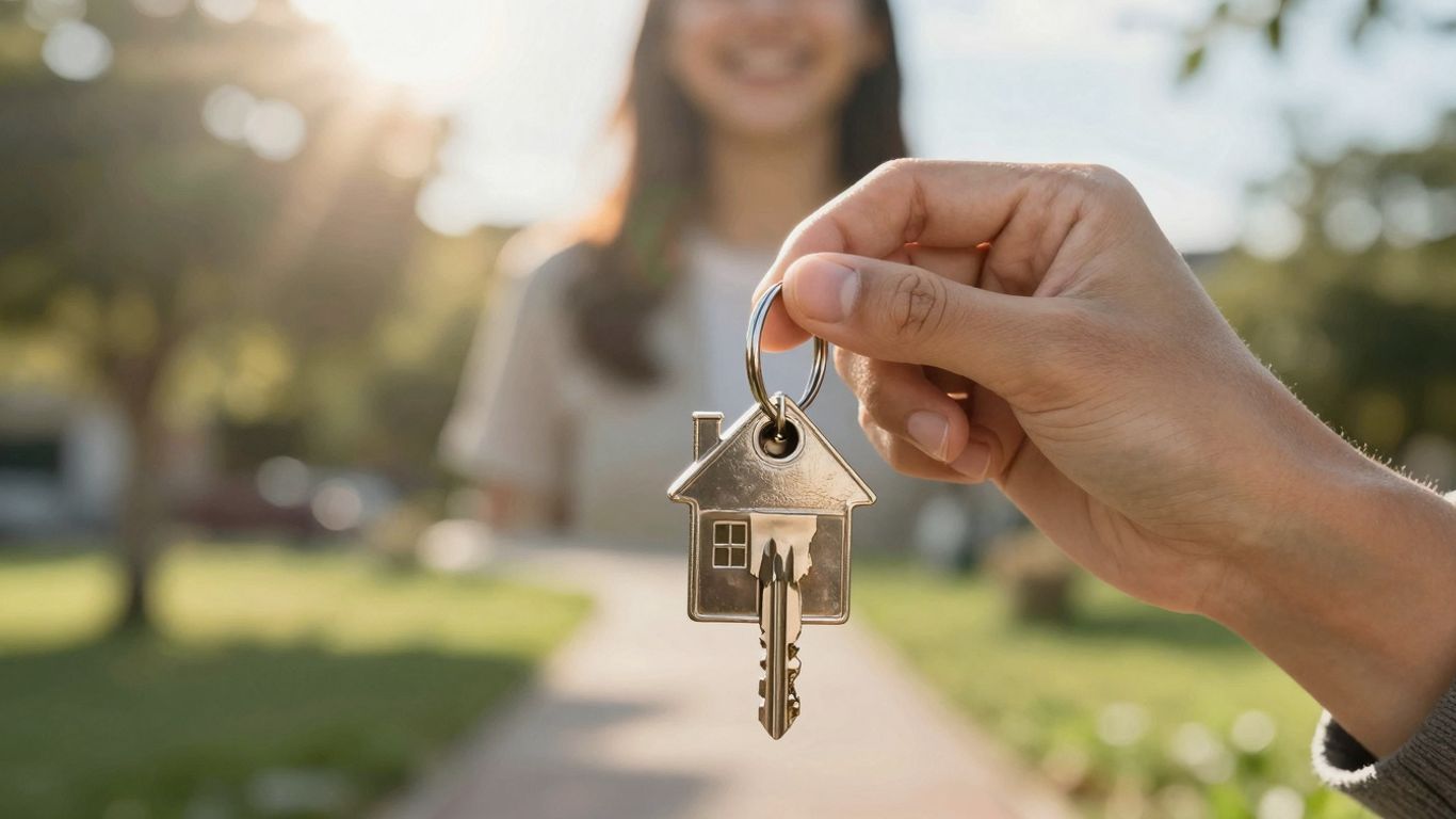 Person holding house key, symbolizing mortgage refinance success.
