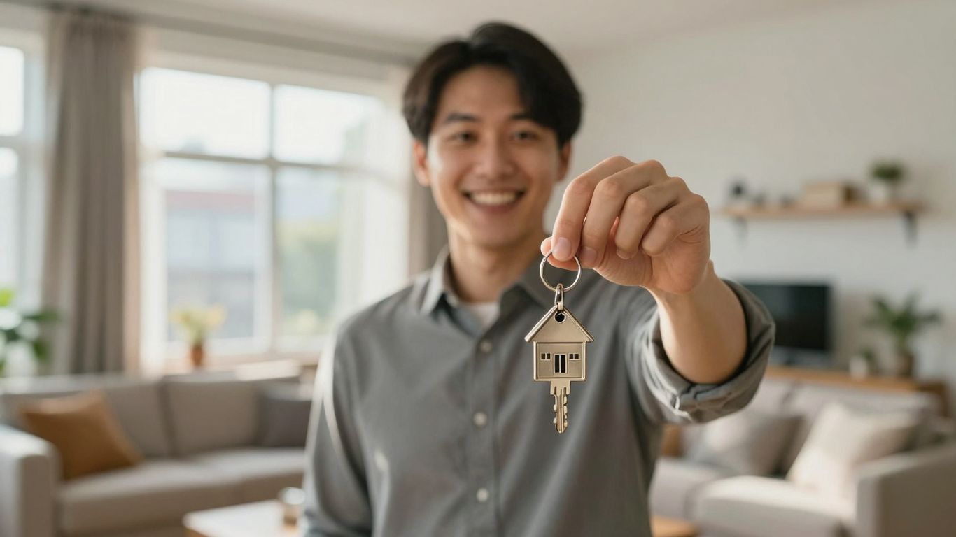 Person holding house key, symbolizing financial freedom.