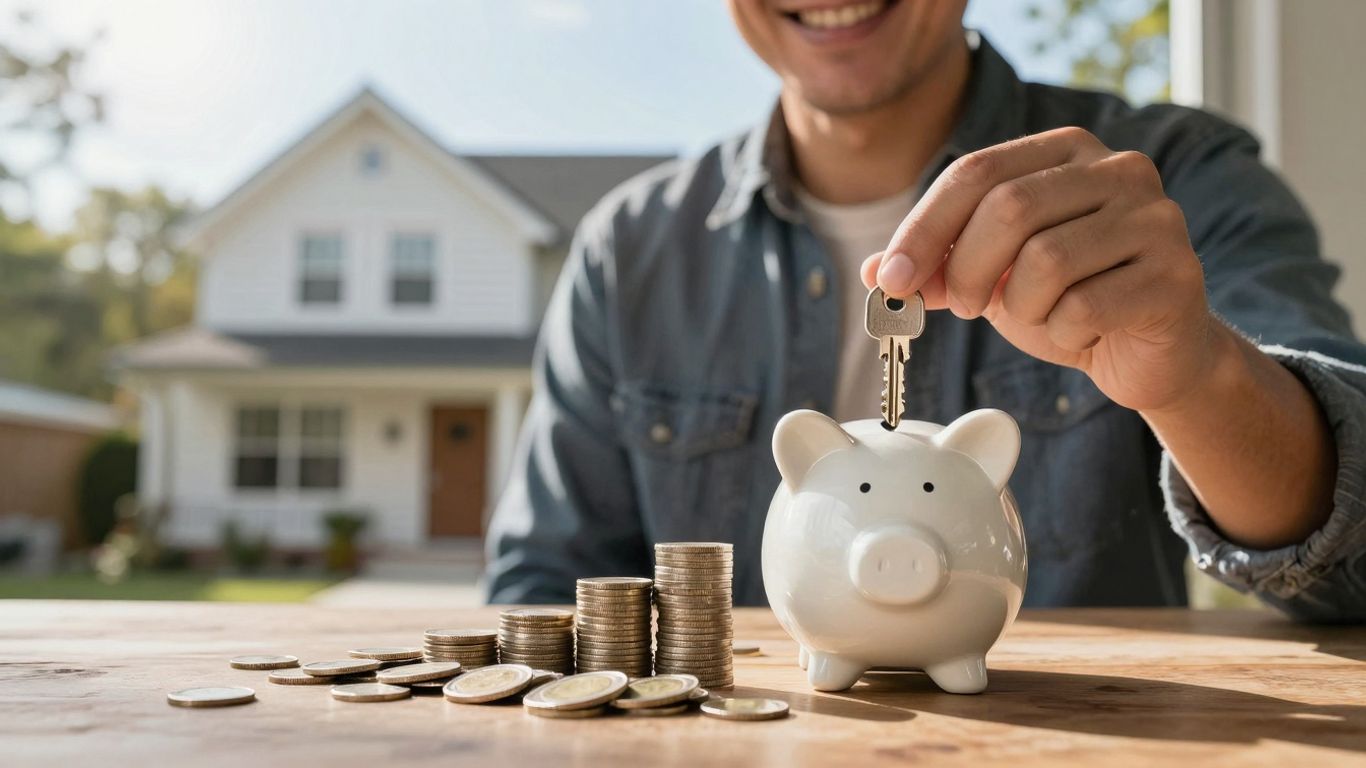 Homeowner with key, coins, and piggy bank.