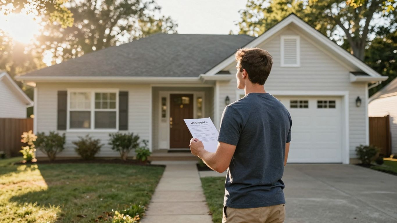 Homeowner considering refinancing mortgage document outside house.