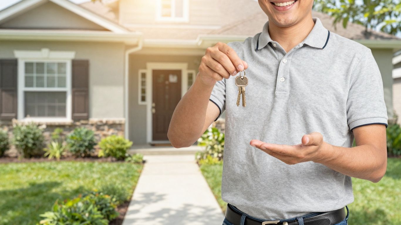 Homeowner with keys in front of a sunny house.