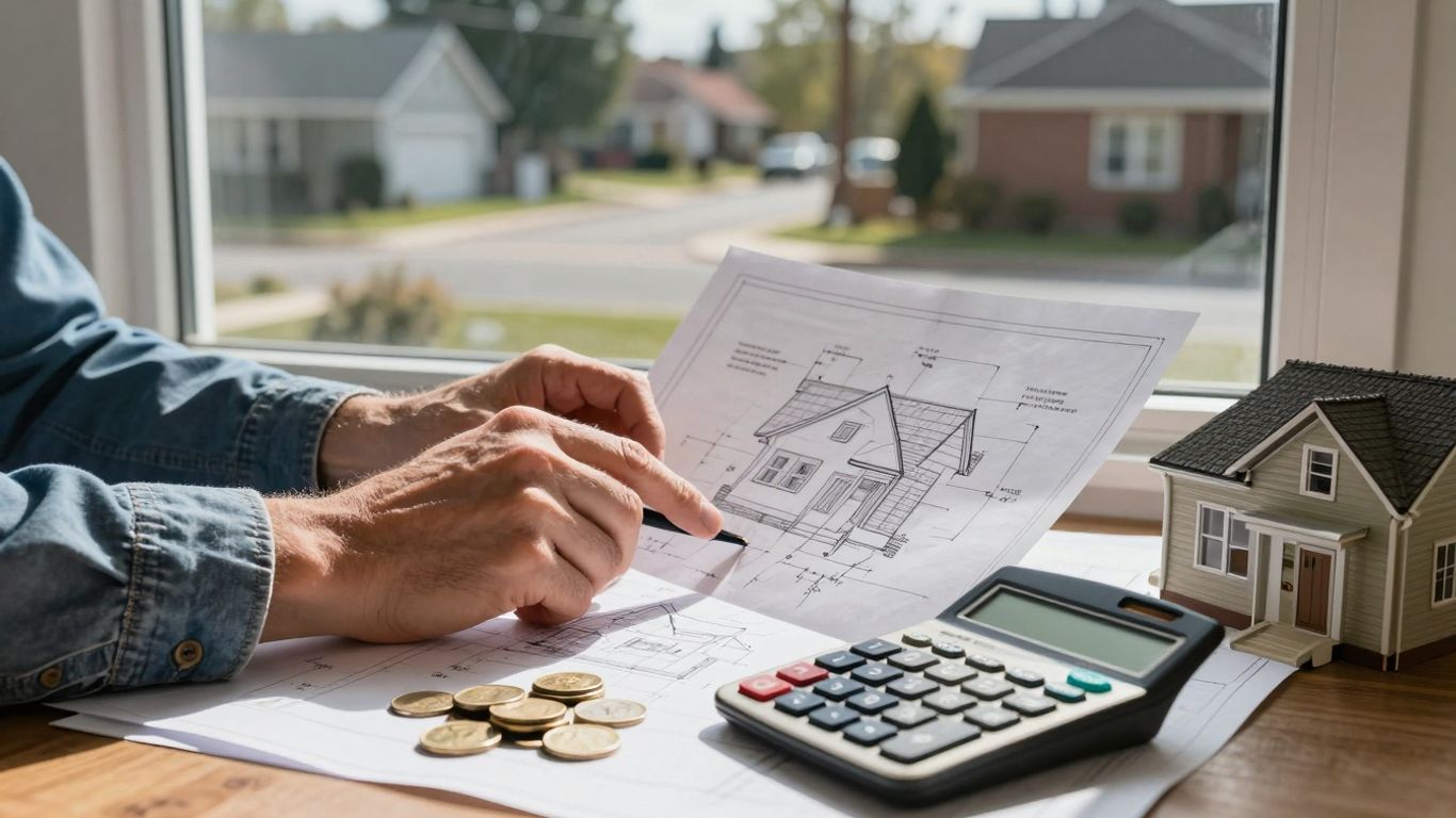 Homeowner considering mortgage refinance with calculator and coins.