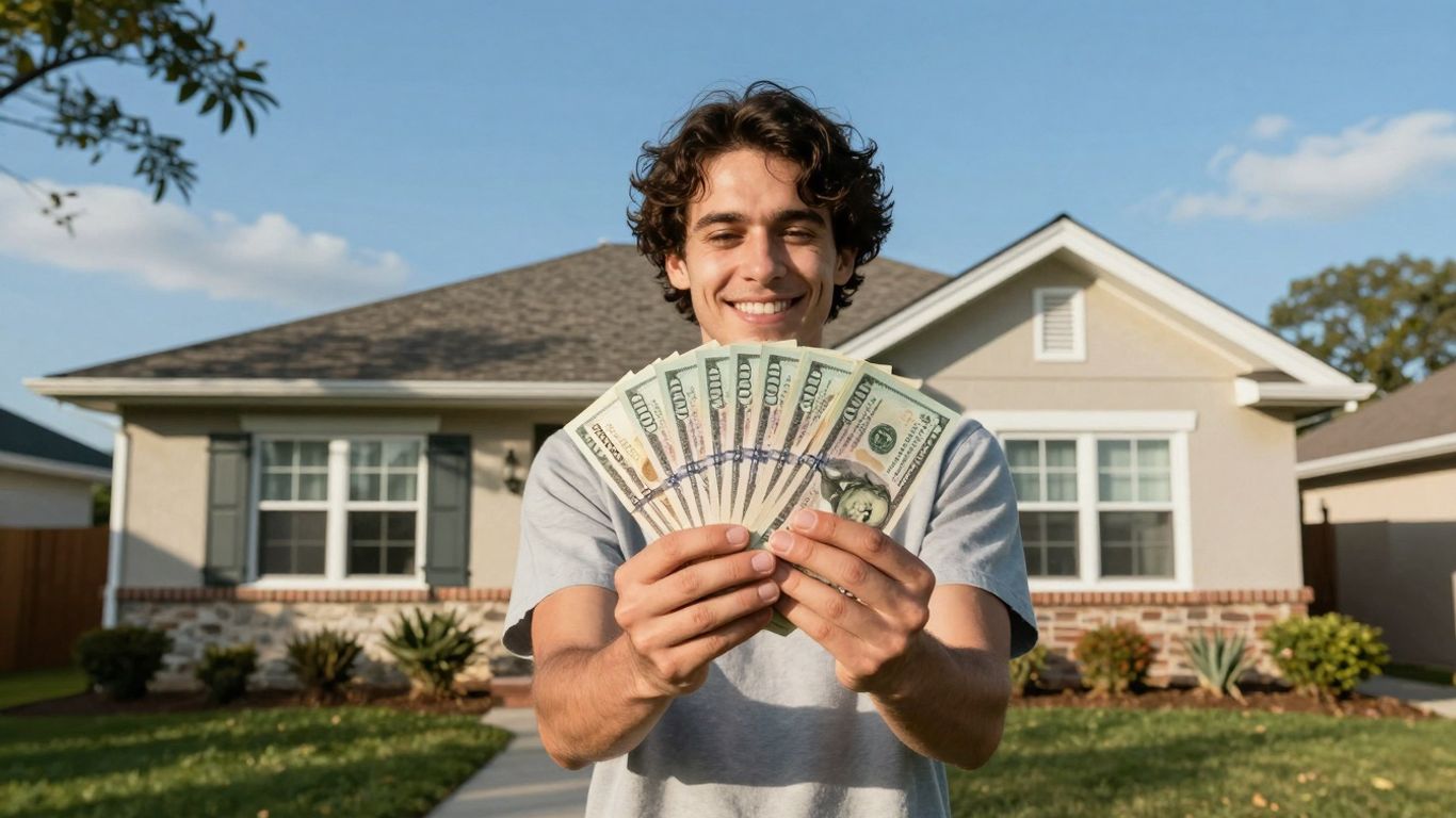 Homeowner with cash in front of house.