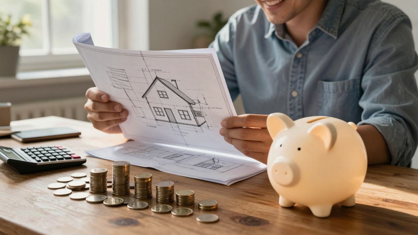 Homeowner with piggy bank and house plans.