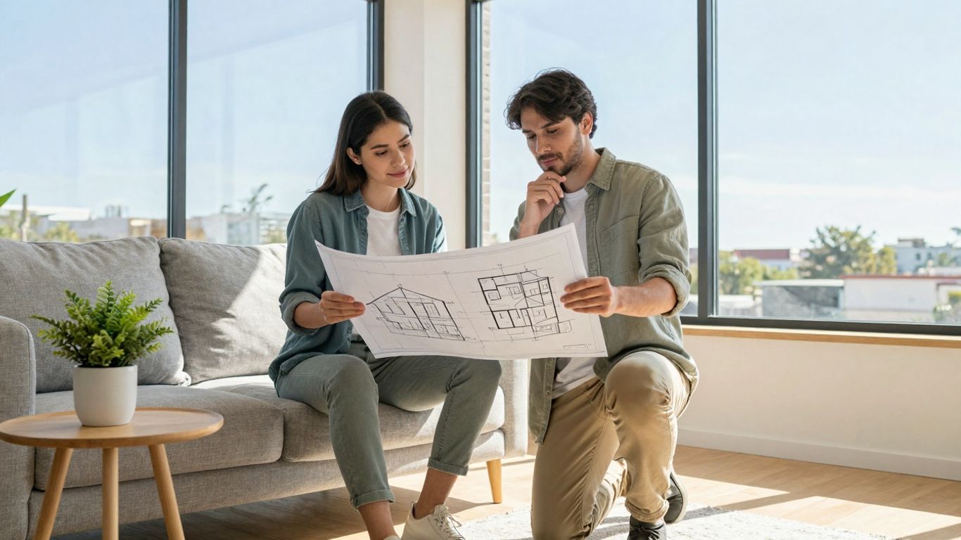 Homeowner reviewing house plans in a bright living room.