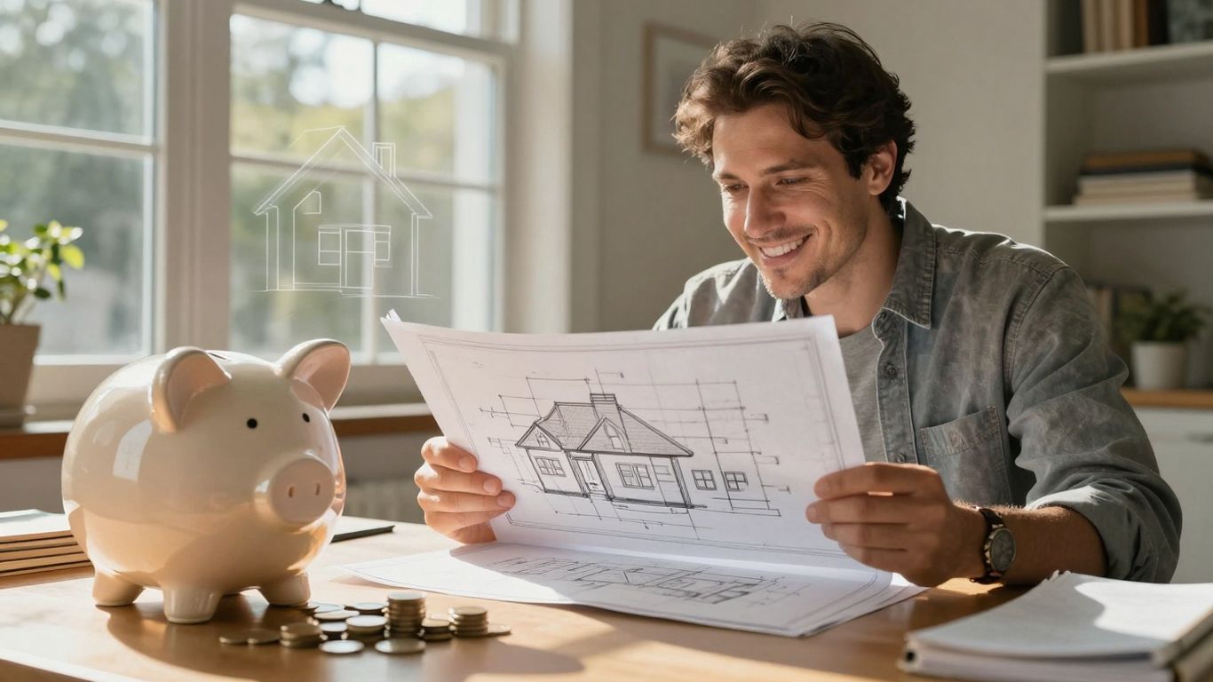 Homeowner with piggy bank and coins, planning finances.