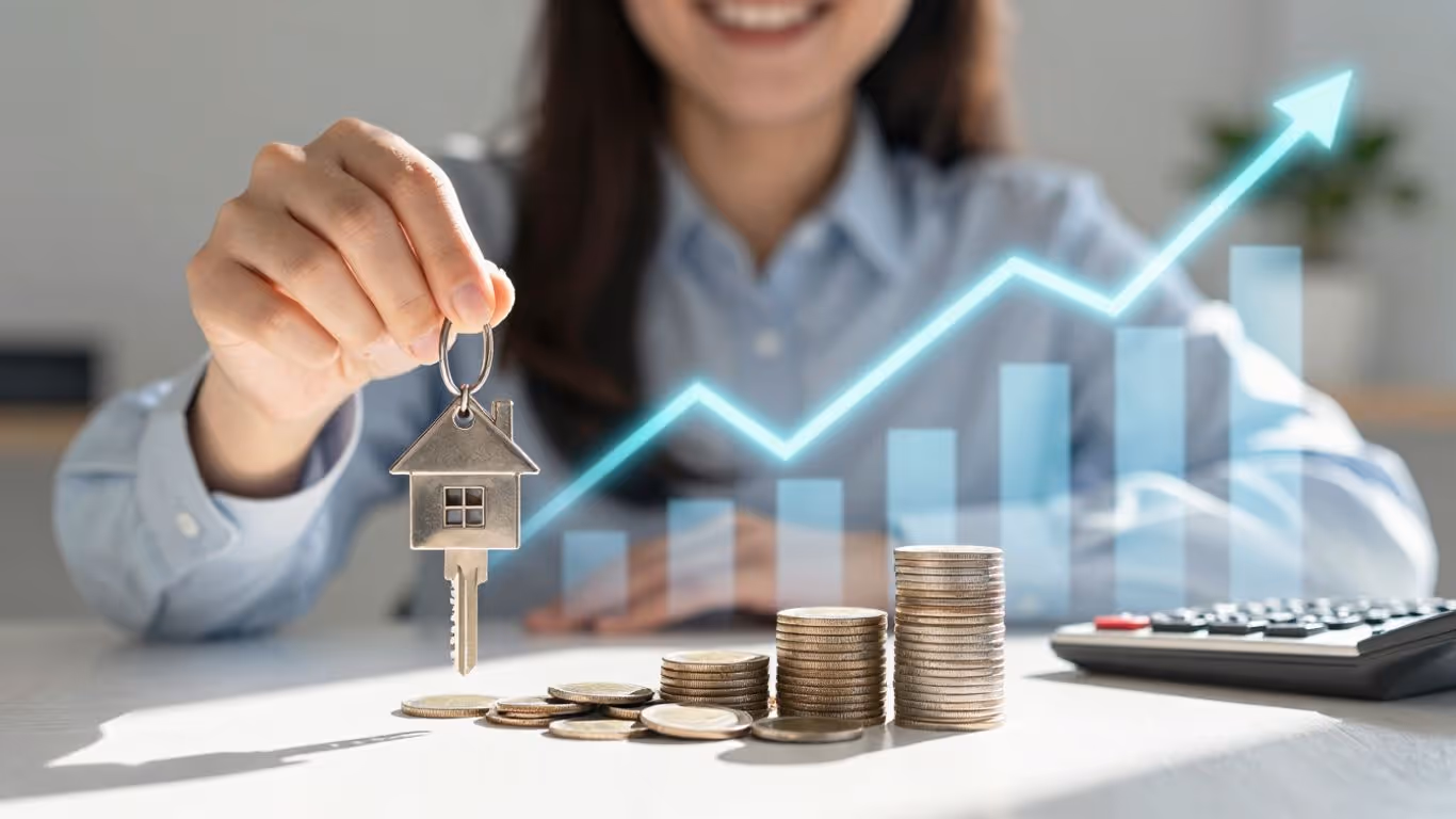 Person holding house key, financial growth, savings.