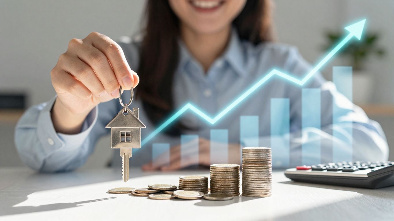 Person holding house key, financial growth, savings.
