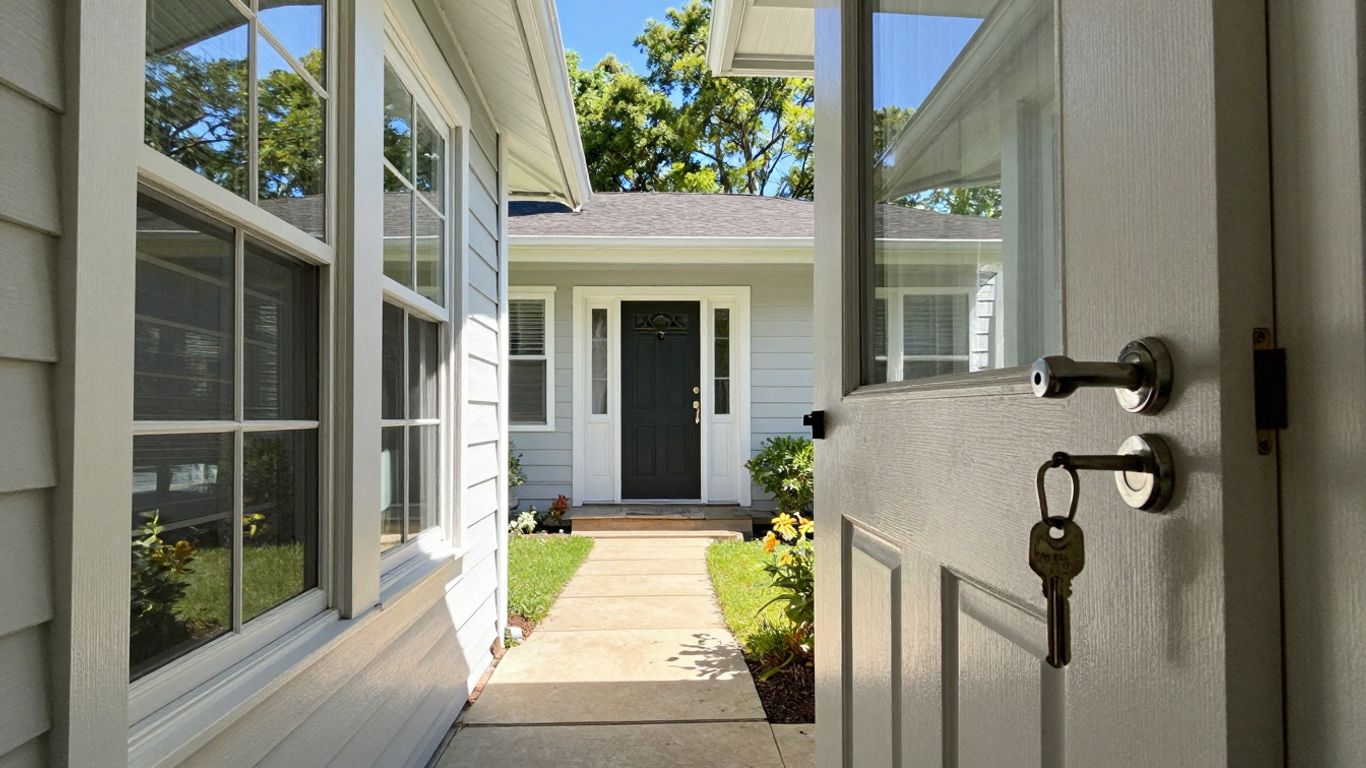 House with key in lock, sunlight, trees, blue sky.
