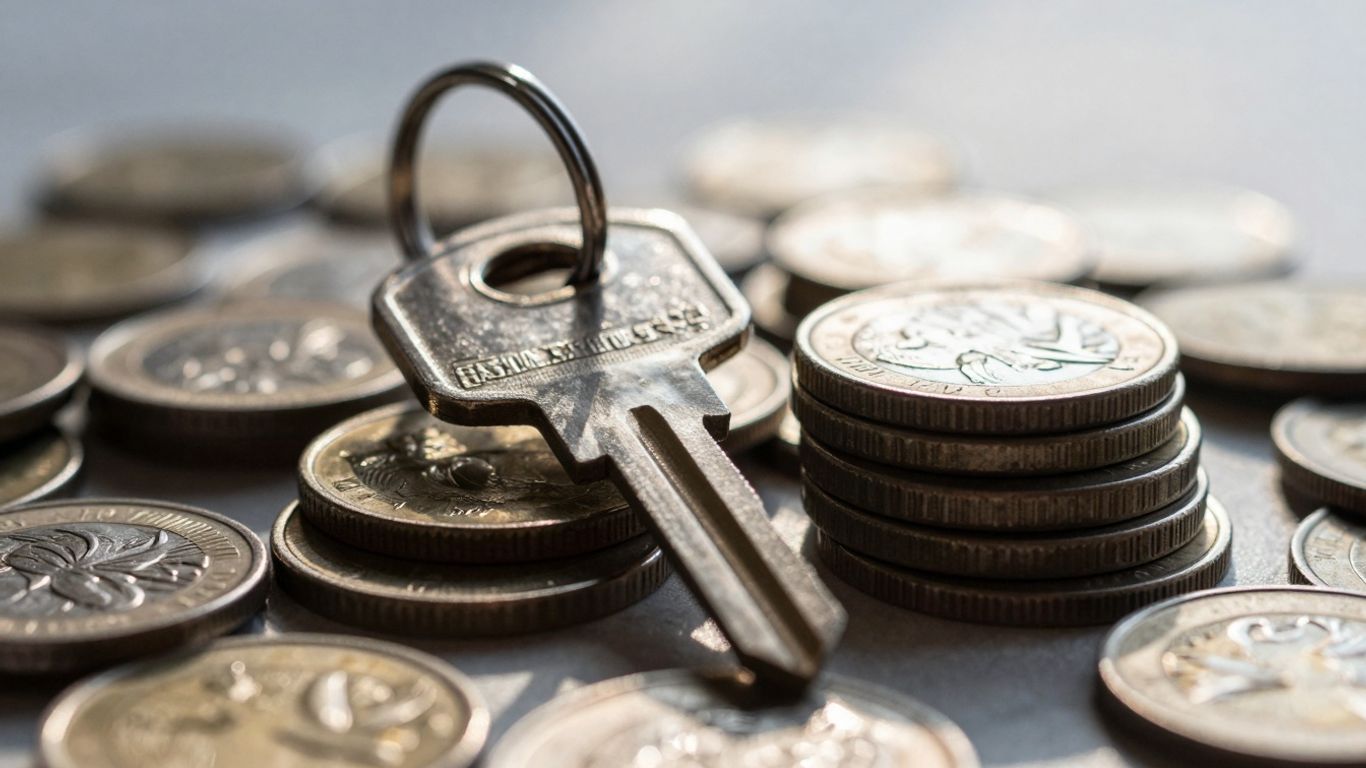 House key on coins, symbolizing savings