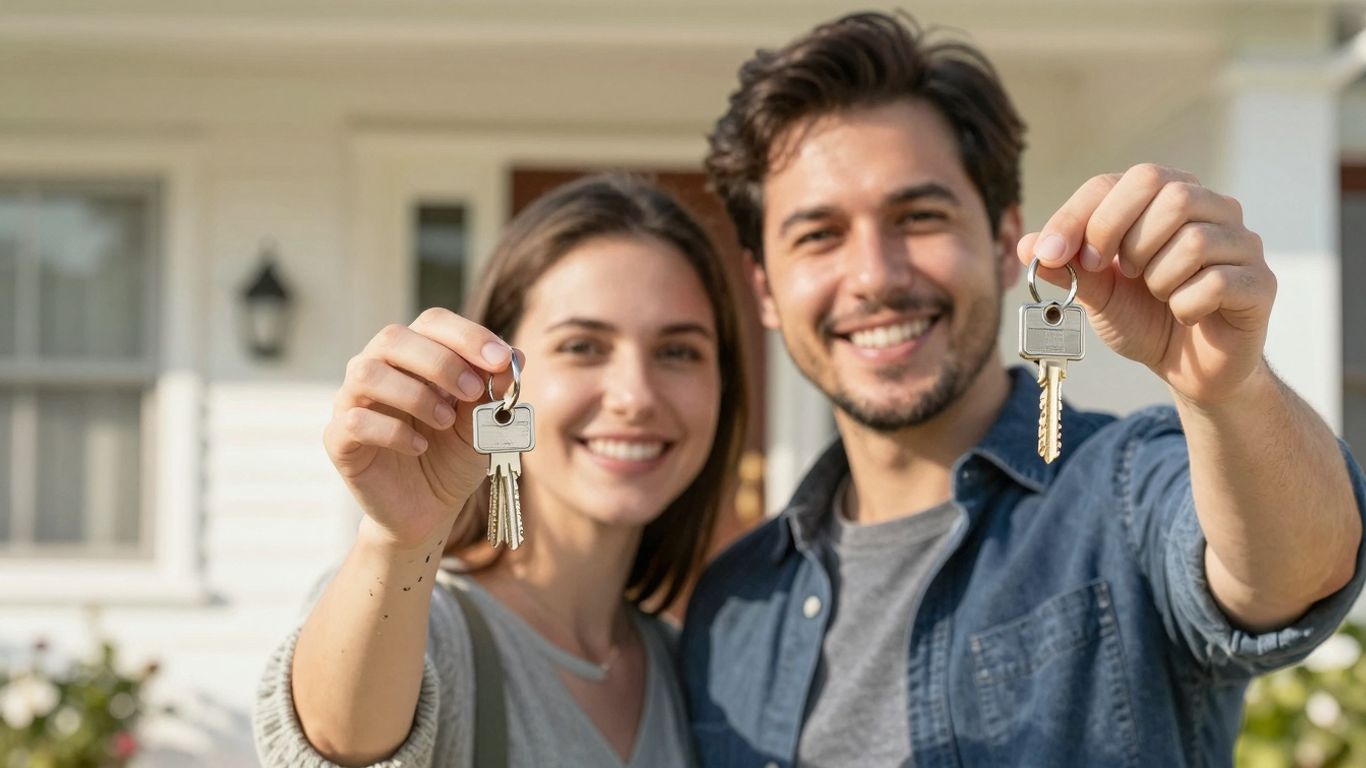Couple with keys in front of house, symbolizing homeownership.