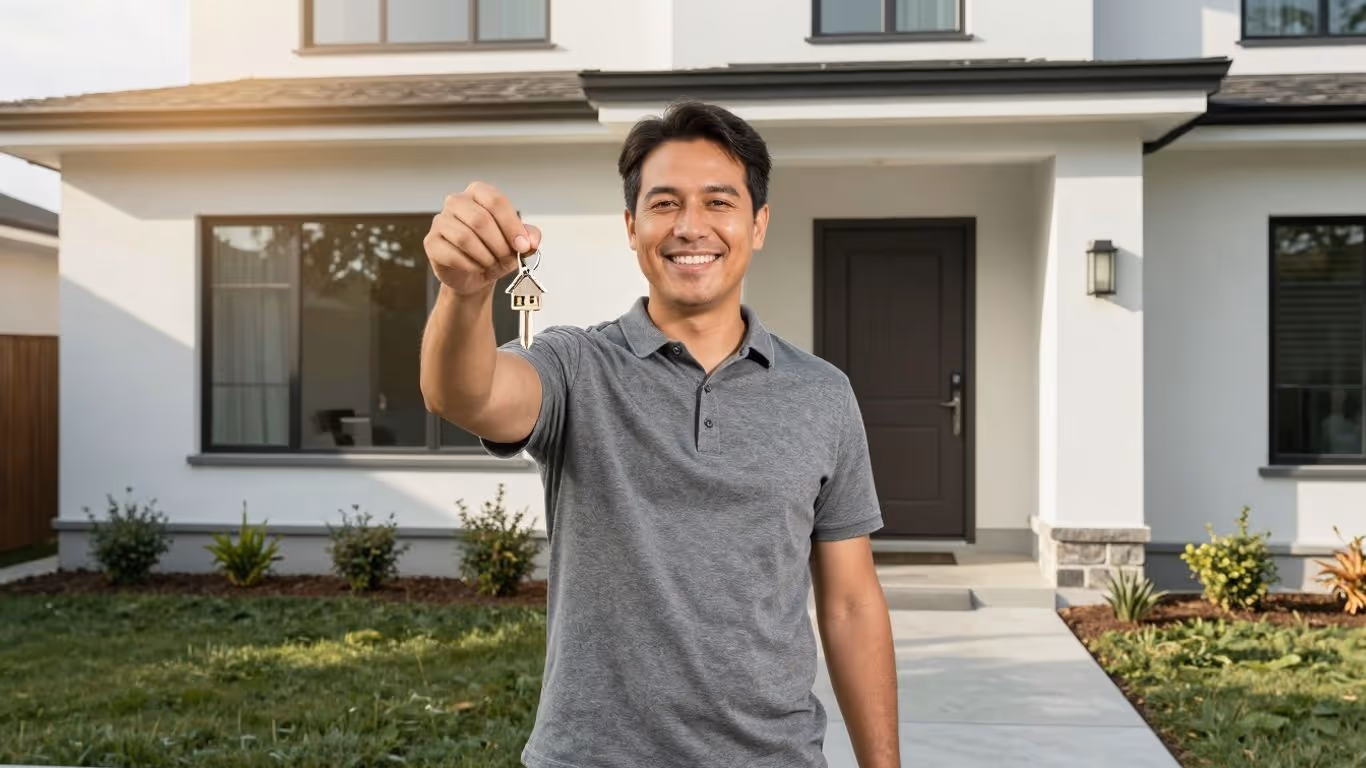 Homeowner with key, happy about mortgage refinance.