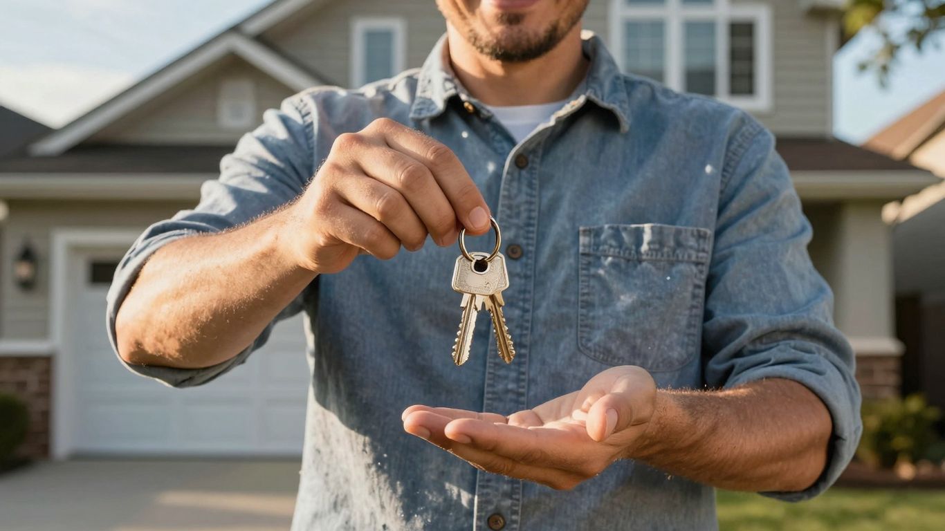 Homeowner with keys, house, sunlight, financial security.