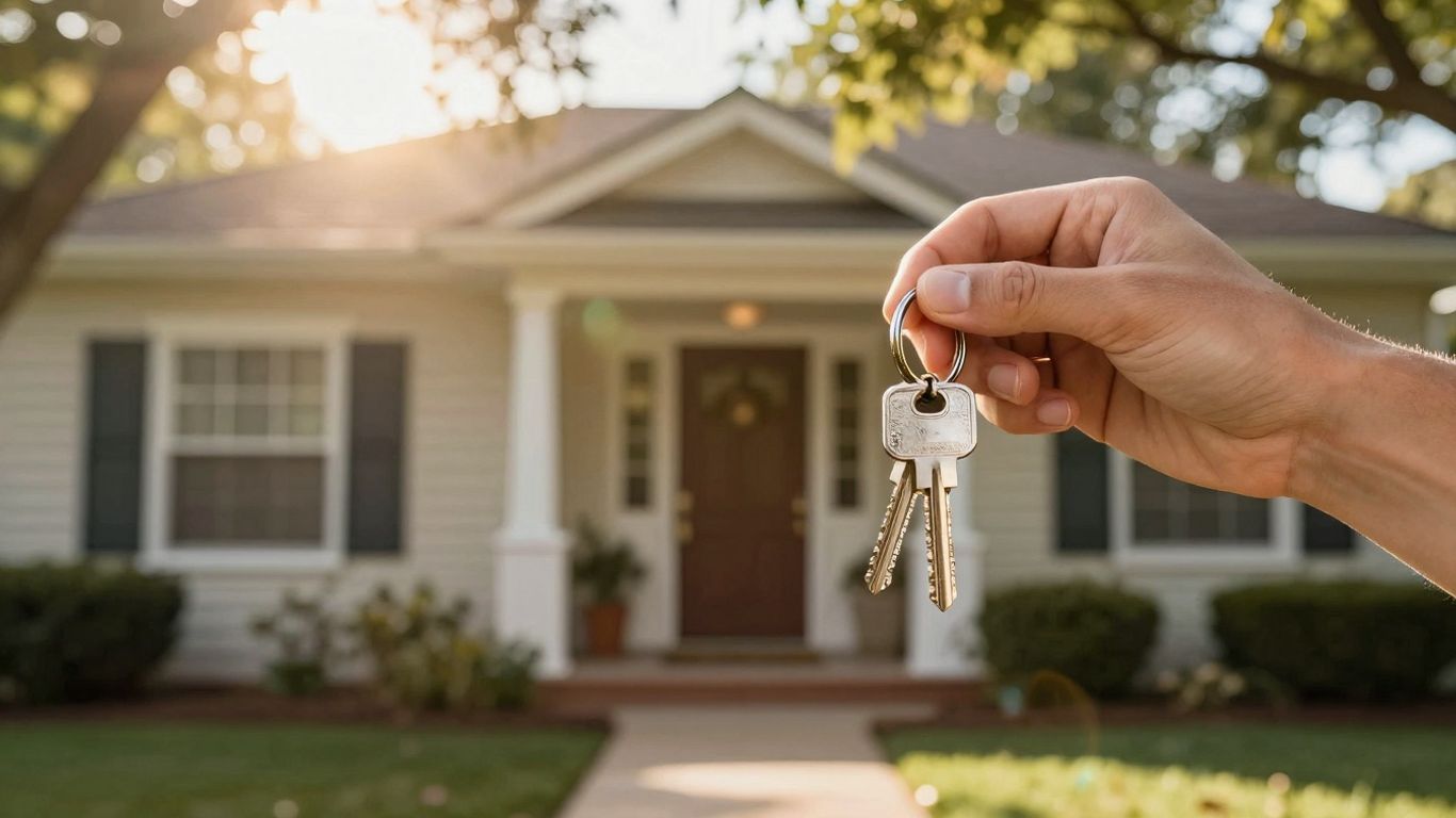 Homeowner with keys, happy about mortgage refinance savings.