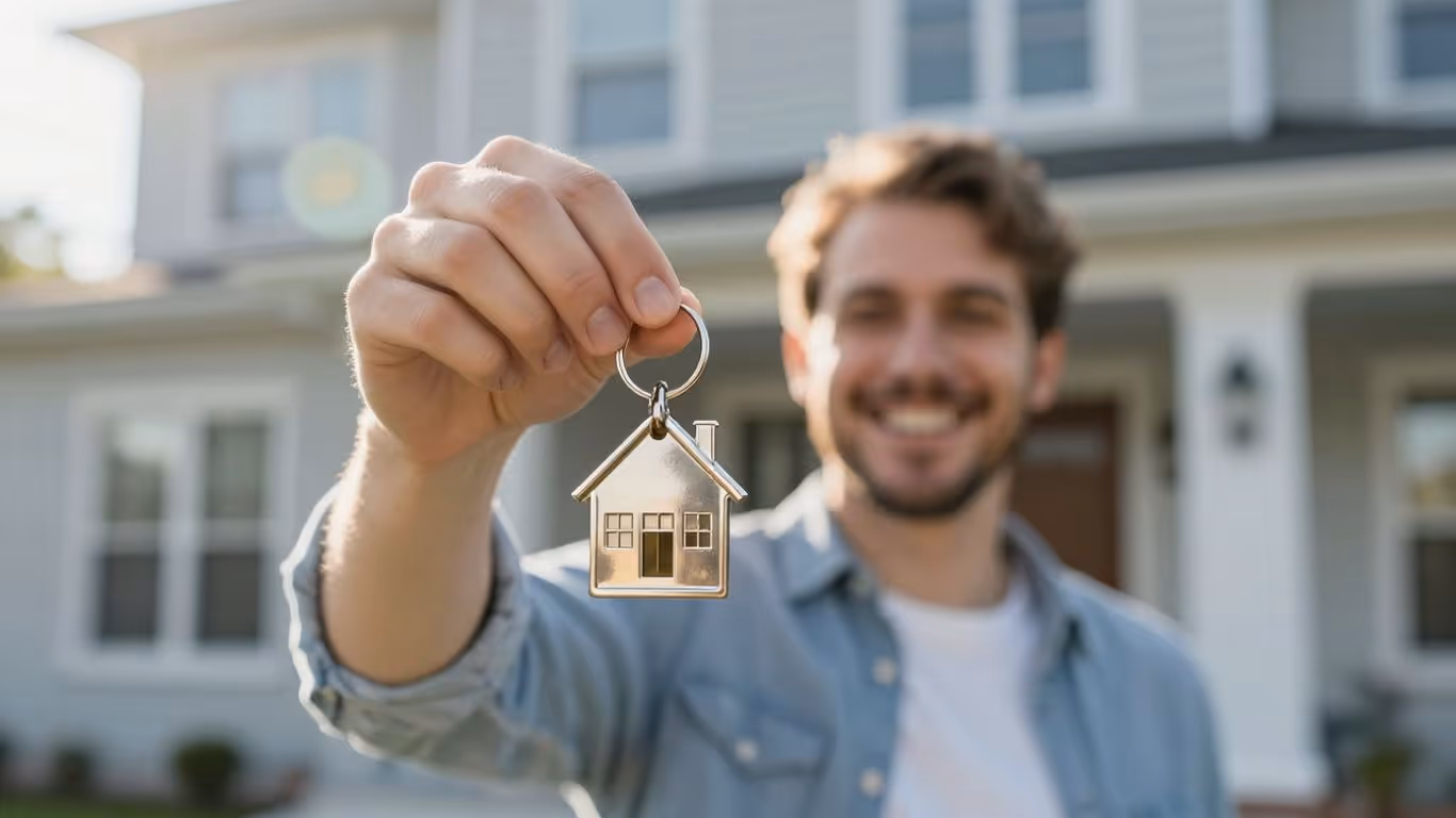 Person holding house key, symbolizing financial opportunity.