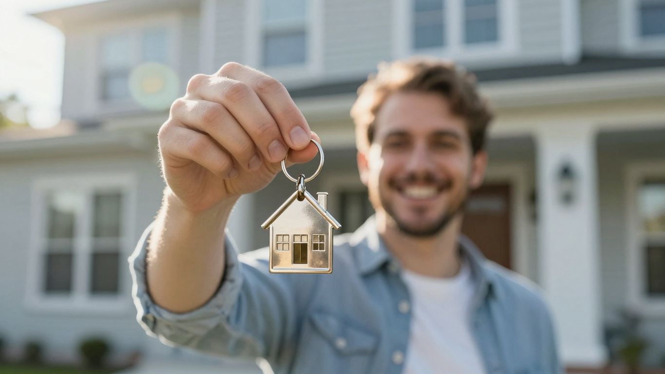 Person holding house key, symbolizing financial opportunity.