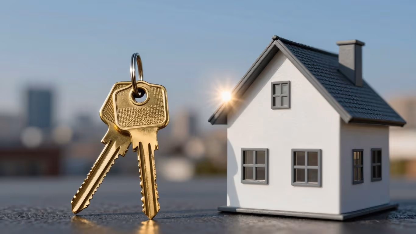 House with golden key, sunlight, cityscape