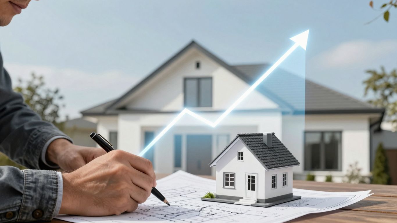 Person reviewing house plans with financial growth overlay.