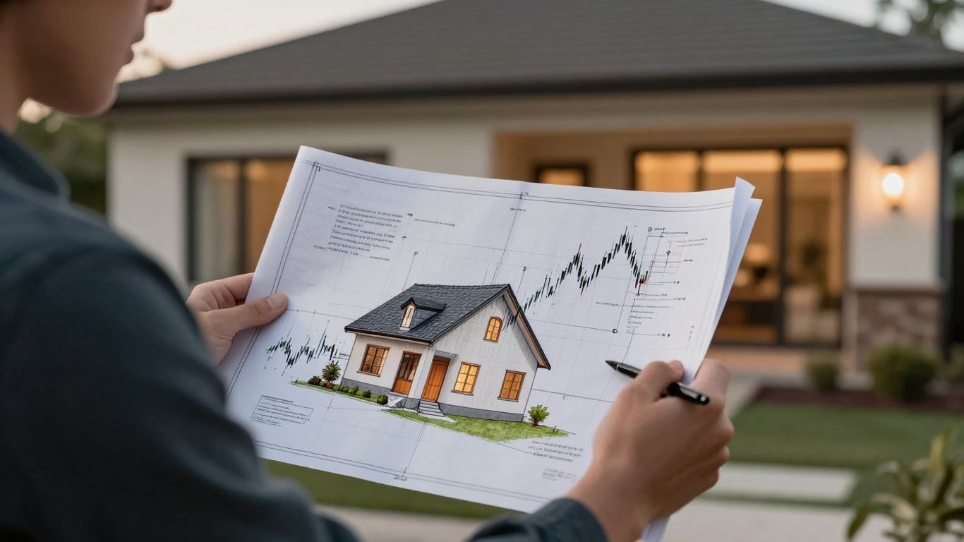 Person reviewing house plans with financial growth overlay.