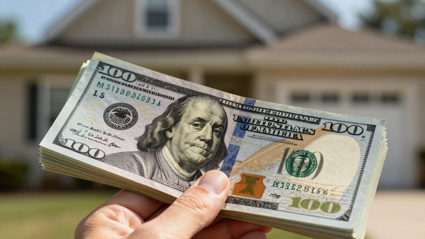 Hand holding money with house background