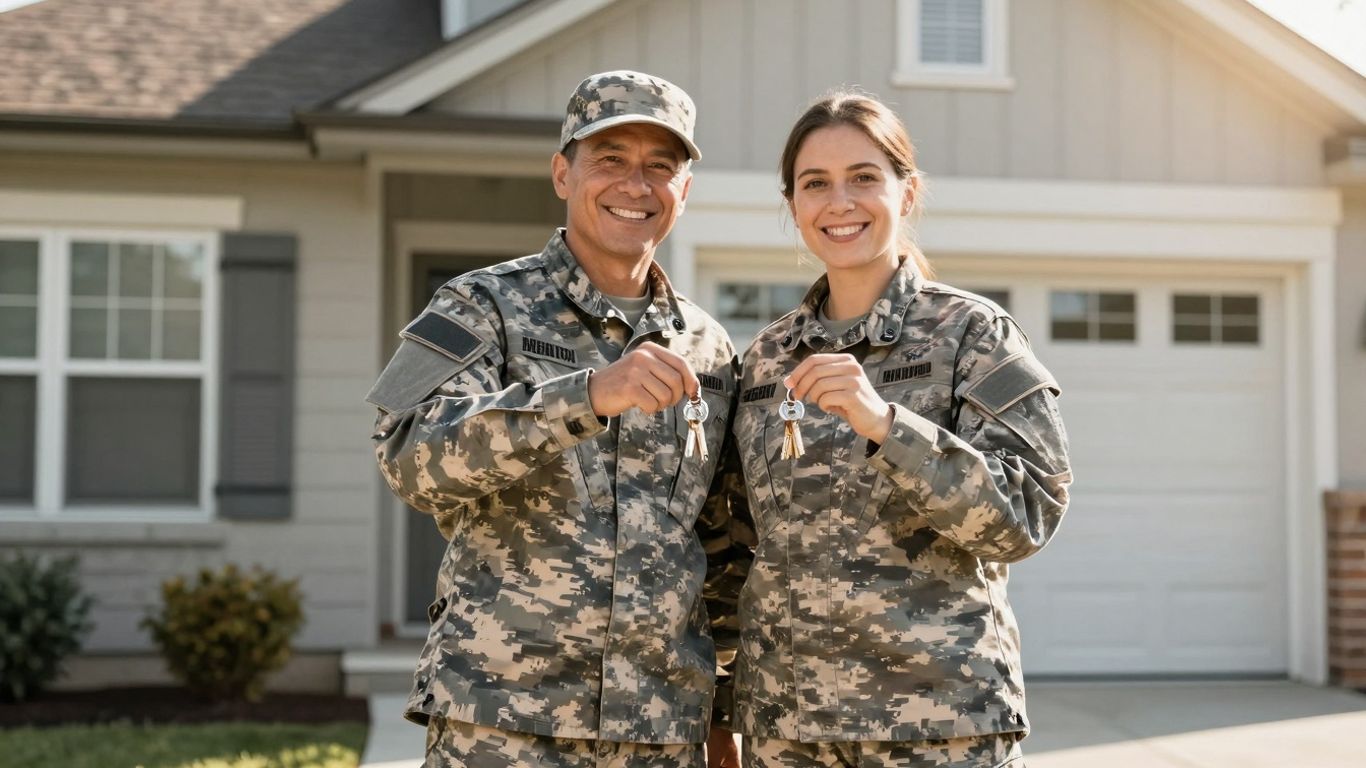 Couple with keys in front of VA-refinanced home.
