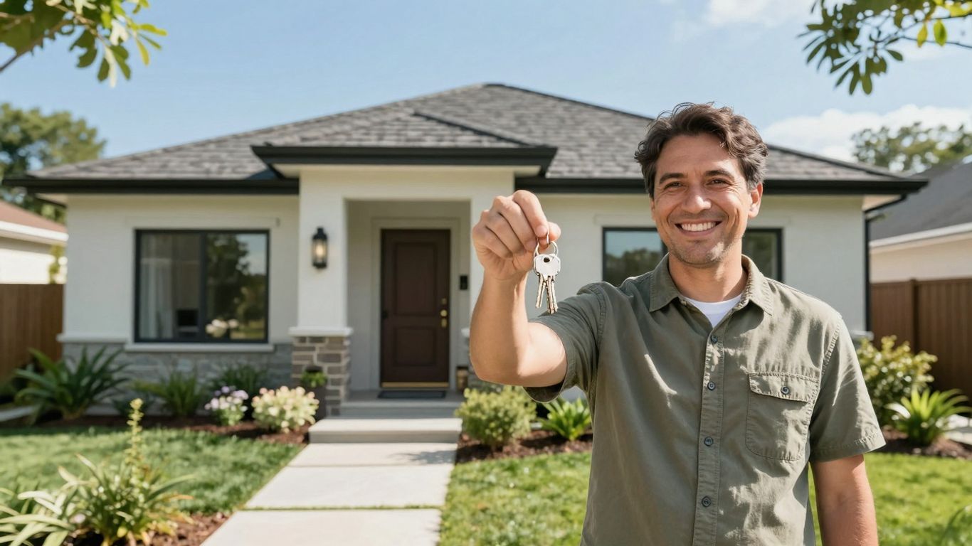 Homeowner with keys, house, sunlight, green landscaping.