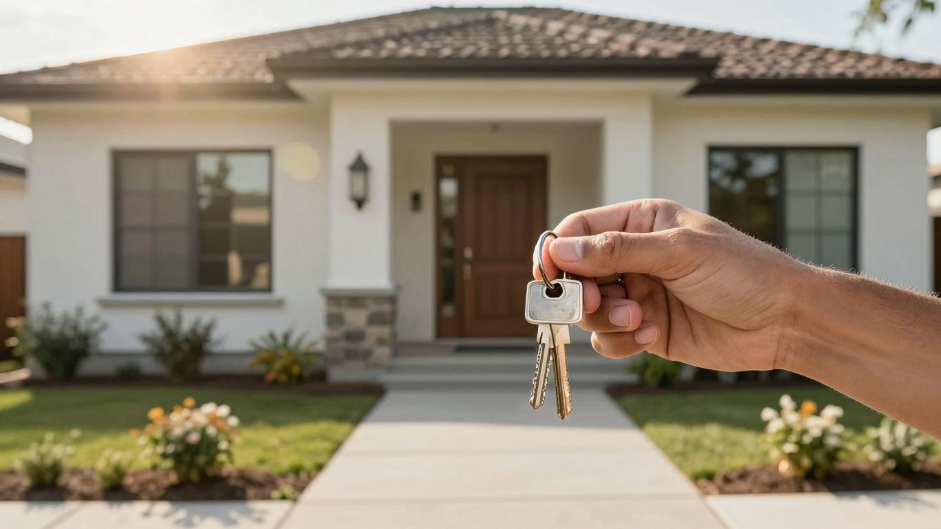 Homeowner with keys, happy about mortgage refinance.