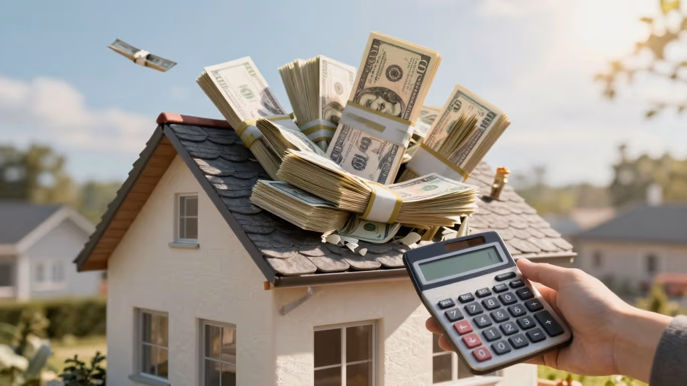 House with cash and calculator for refinance.