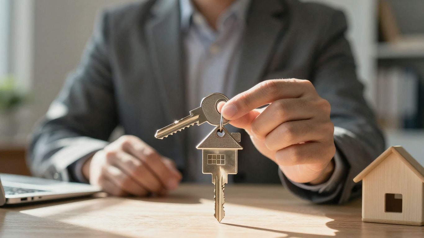 Jumbo mortgage refinance savings with house key.