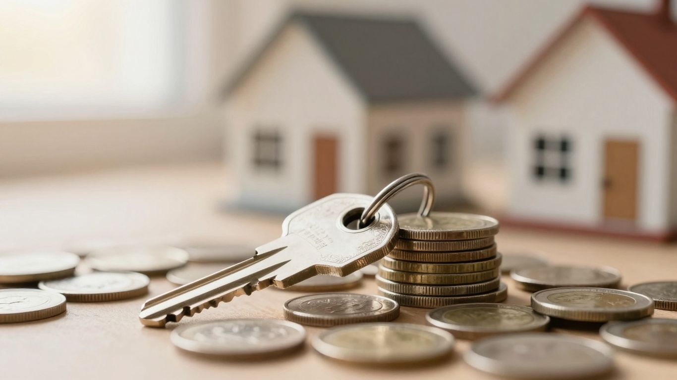 House key on coins, symbolizing mortgage savings.
