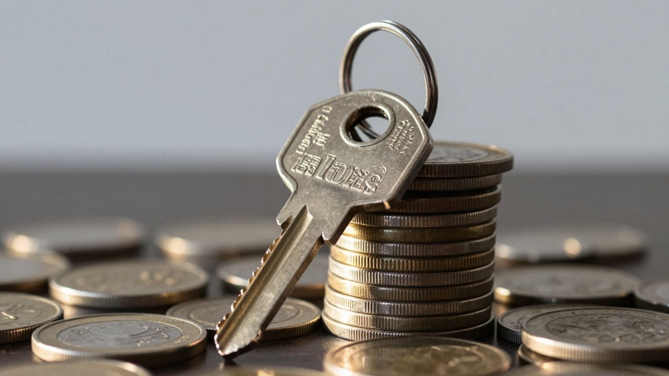 House key on coins, symbolizing savings