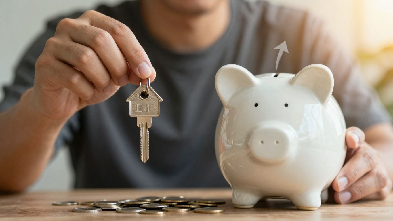 Person holding house key with piggy bank and upward arrow.