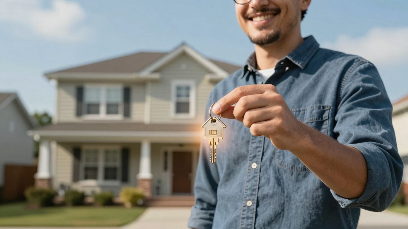 Homeowner with key, happy about mortgage refinance.