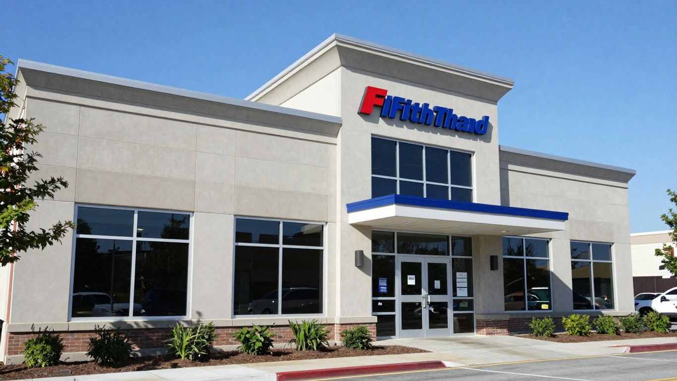 Fifth Third Bank branch exterior with blue sky and landscaping.