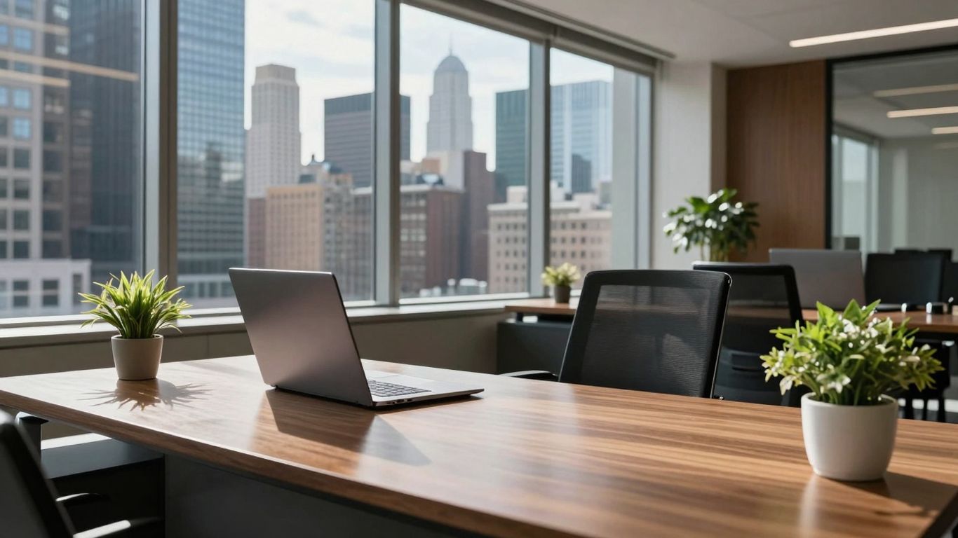 Modern office with city view, laptop, and plant.