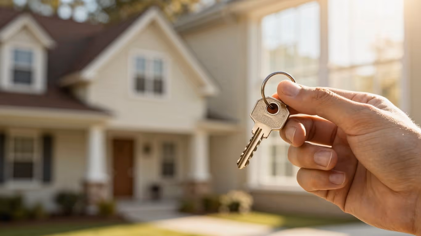 Person holding house key, home refinance concept.