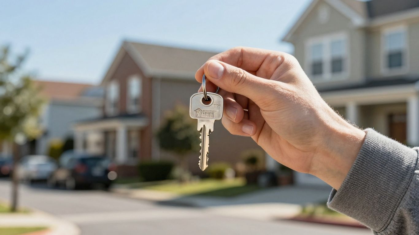 Person holding house key, symbolizing mortgage refinance.
