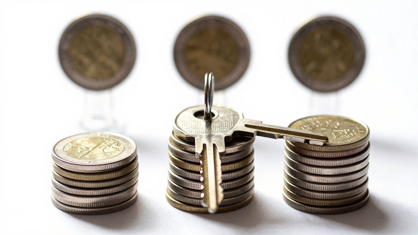 House key on coins, symbolizing mortgage savings.