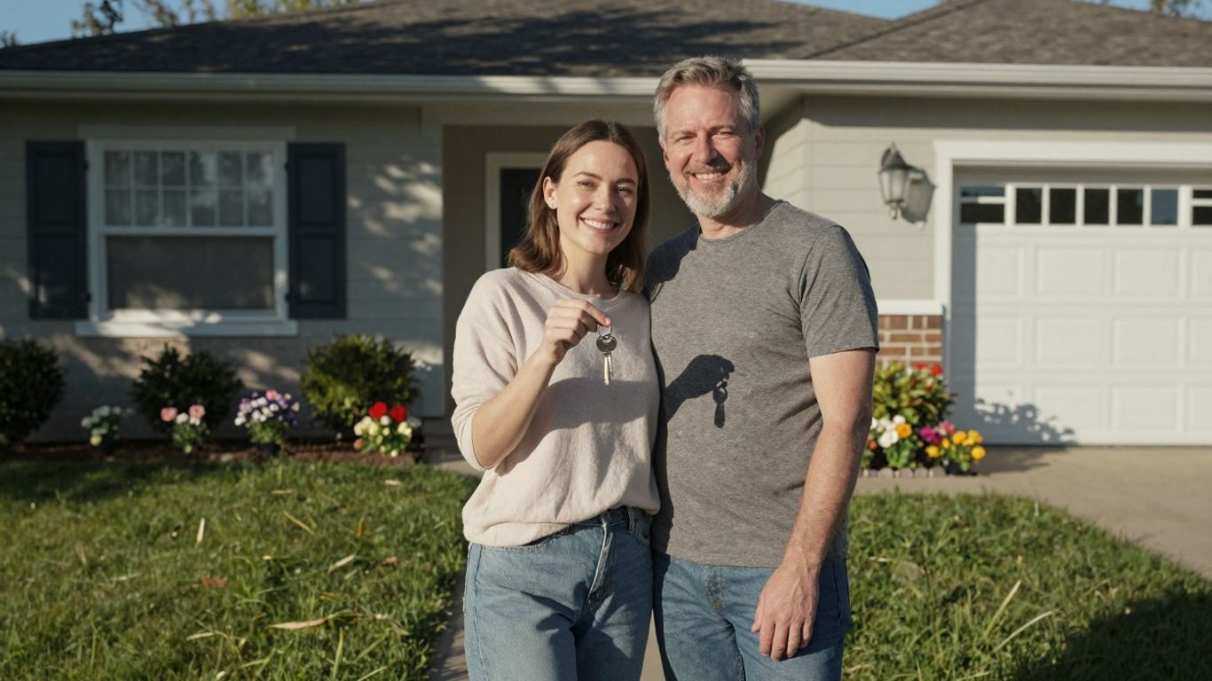 Couple with keys in front of their home.
