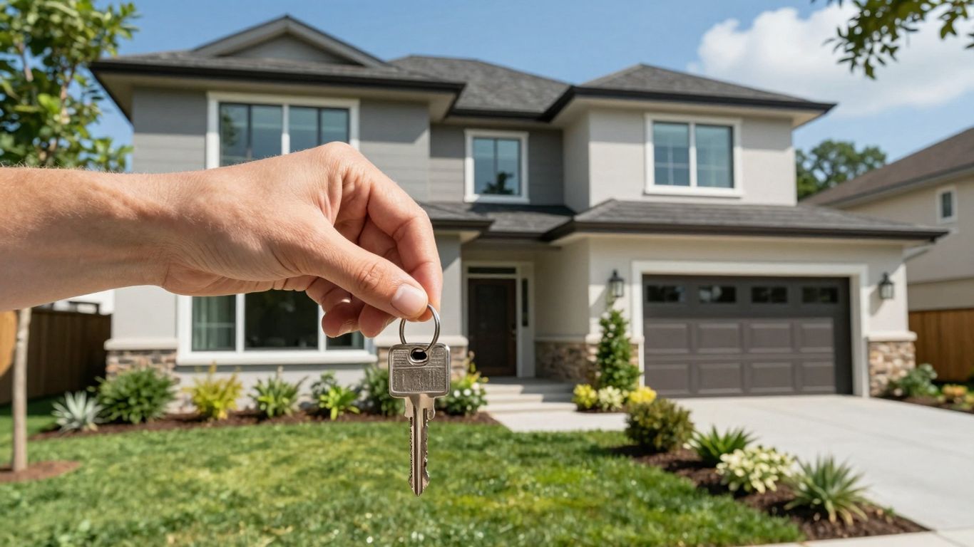 Home with key, symbolizing mortgage refinance success.