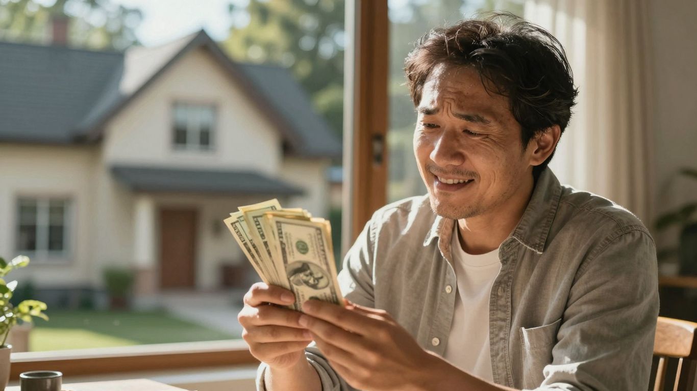 Homeowner with money and house, happy about refinance savings.