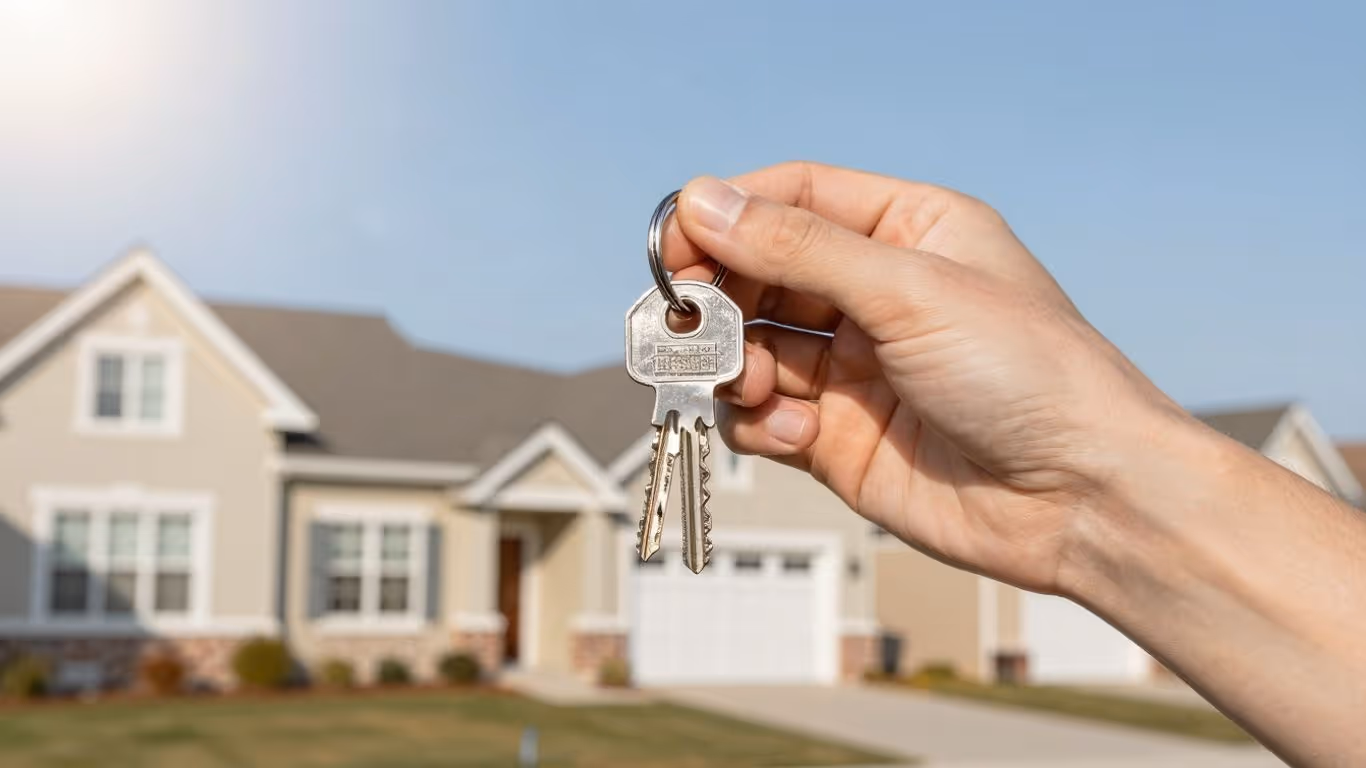 Homeowner with key, suburban neighborhood background.