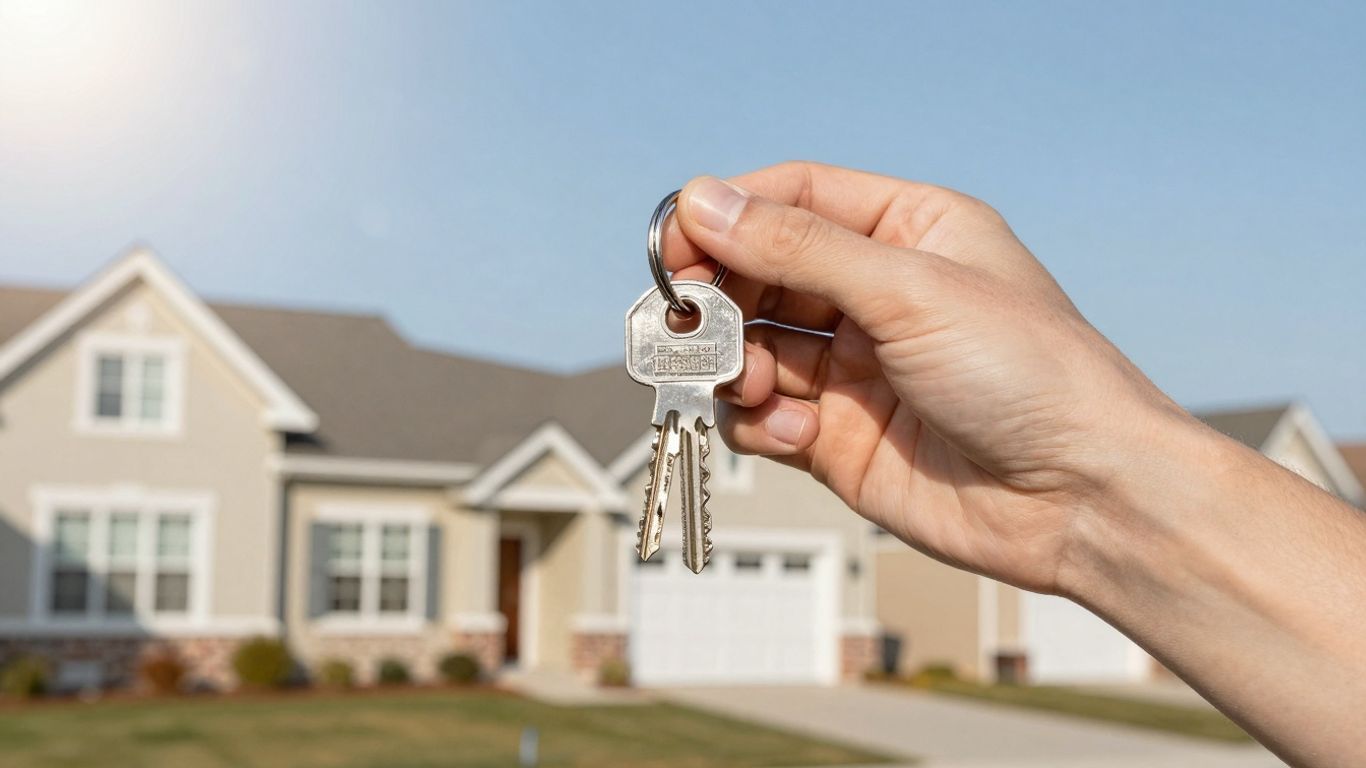 Homeowner with key, suburban neighborhood background.