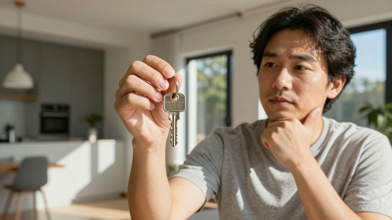 Homeowner holding house key, considering mortgage refinance.