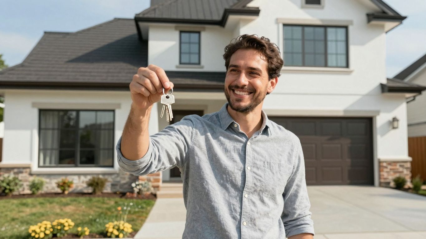 Homeowner with keys, symbolizing mortgage refinancing success.