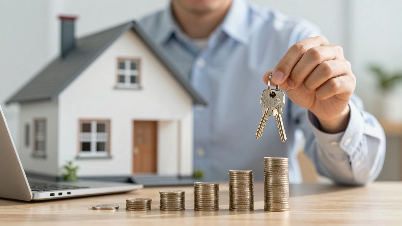 Homeowner with keys and coins, symbolizing mortgage savings.