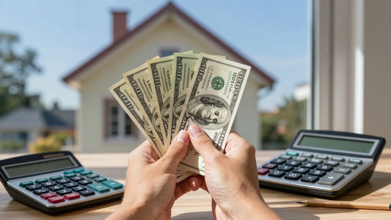 Person with money and house, financial planning.