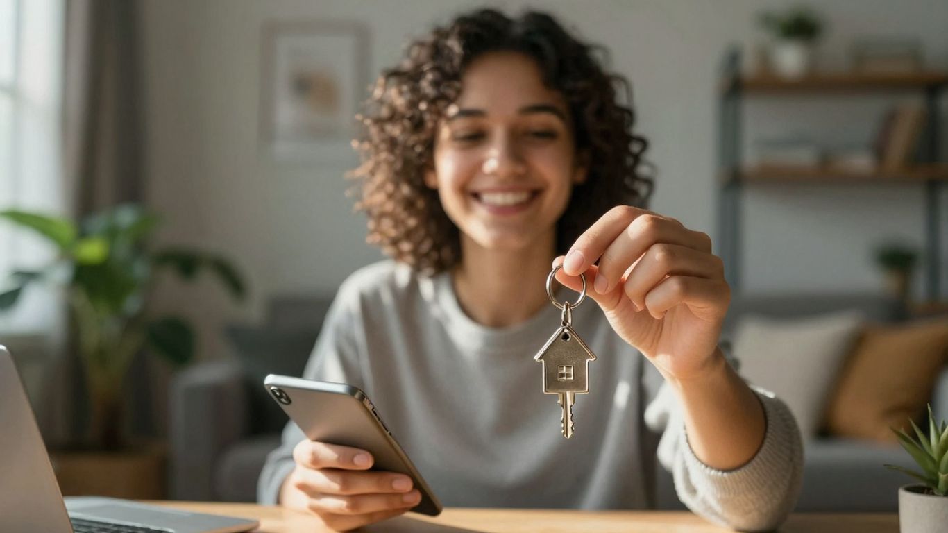 Person holding house key, financial security, comfortable home.
