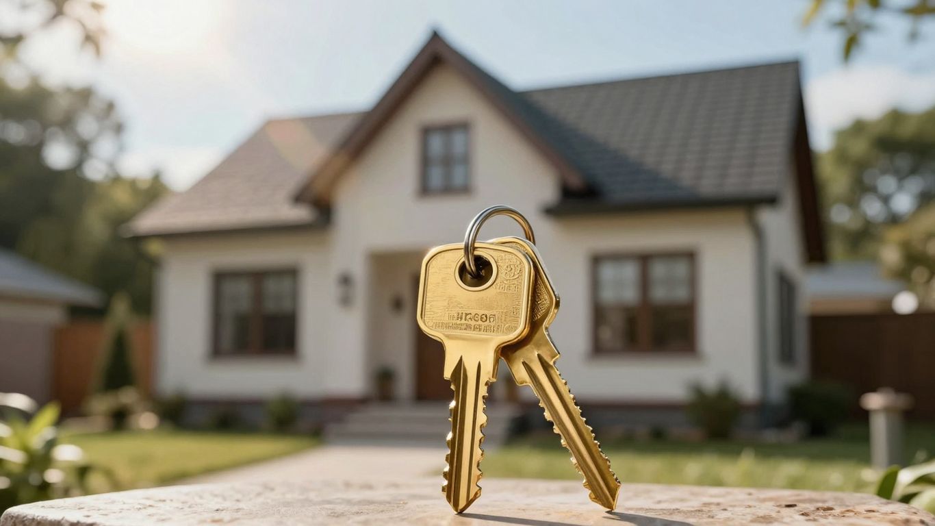 House with a golden key, symbolizing mortgage refinancing.