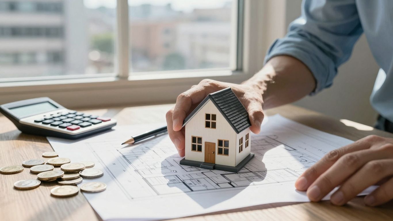 Homeowner planning mortgage refinance with calculator and coins.